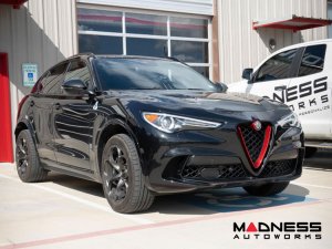 Alfa Romeo Stelvio Front V Shield Grill Frame + Emblem Frame Kit - Carbon Fiber - QV Model - Red Candy